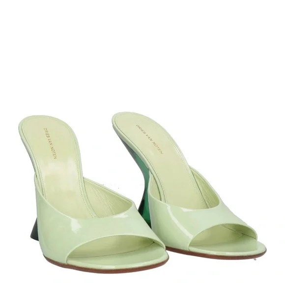 Dries Van Noten celery patent leather peep-toe emerald lucite 110mm wedges - Picture 2 of 4